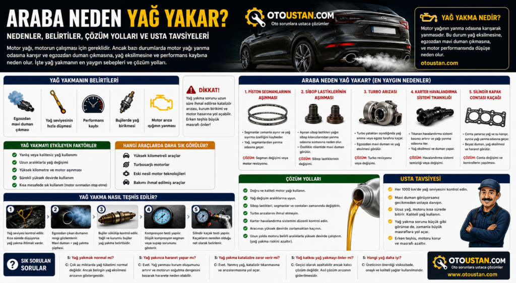 Araba neden yağ yakar infographic, motor yağ yakma nedenleri, piston segmanı, turbo arızası ve yağ eksiltme belirtileri detaylı anlatım