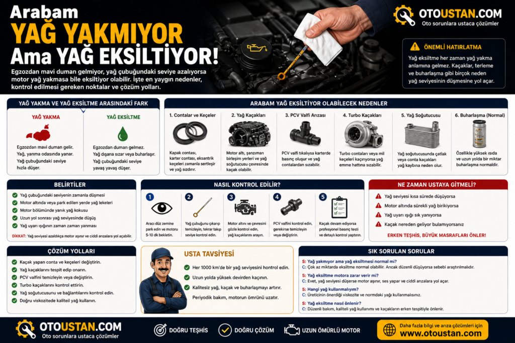 Arabam yağ yakmıyor ama yağ eksiltiyor infographic, motor yağ eksiltme nedenleri, yağ kaçakları, PCV valfi, turbo kaçağı ve çözüm yolları anlatımı.