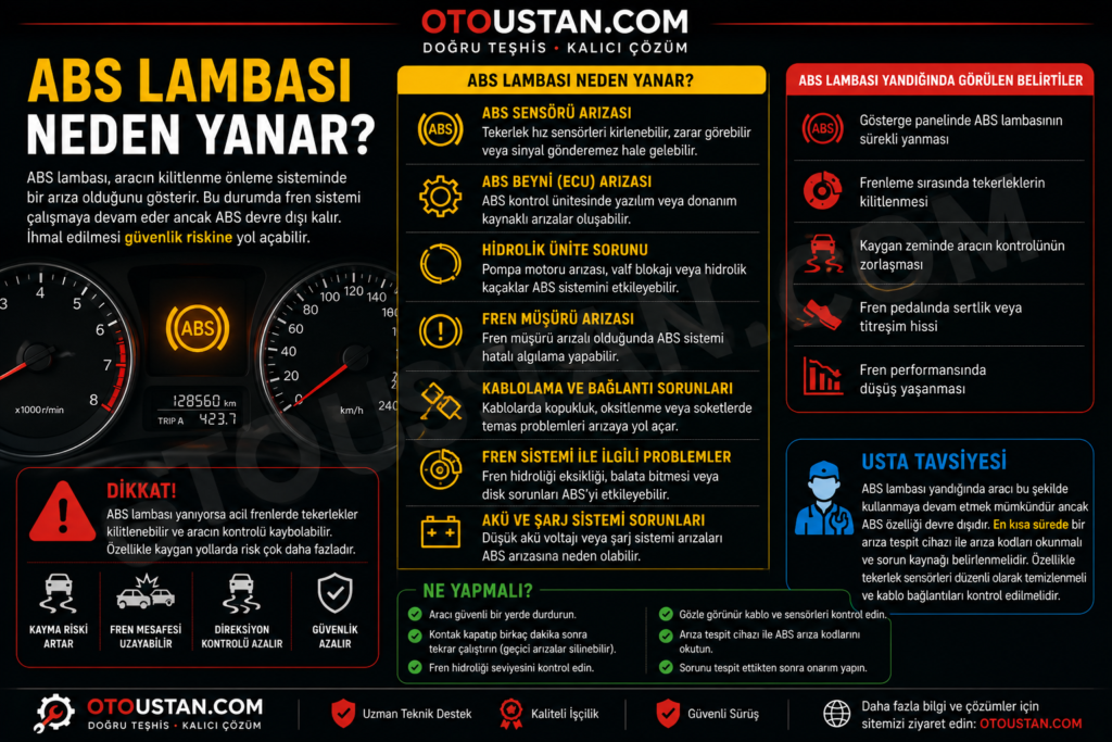 ABS lambası neden yanar, ABS sensörü arızası, fren sistemi sorunları, kaygan zeminde kontrol kaybı ve ABS arıza belirtilerini anlatan Otoustan.com bilgilendirme görseli