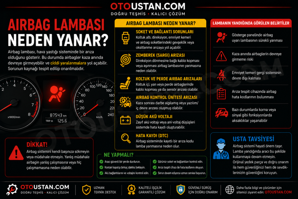 Airbag lambası neden yanar, soket bağlantı sorunları, zemberek arızası, düşük akü voltajı ve hava yastığı sistemi uyarılarını anlatan Otoustan.com görseli