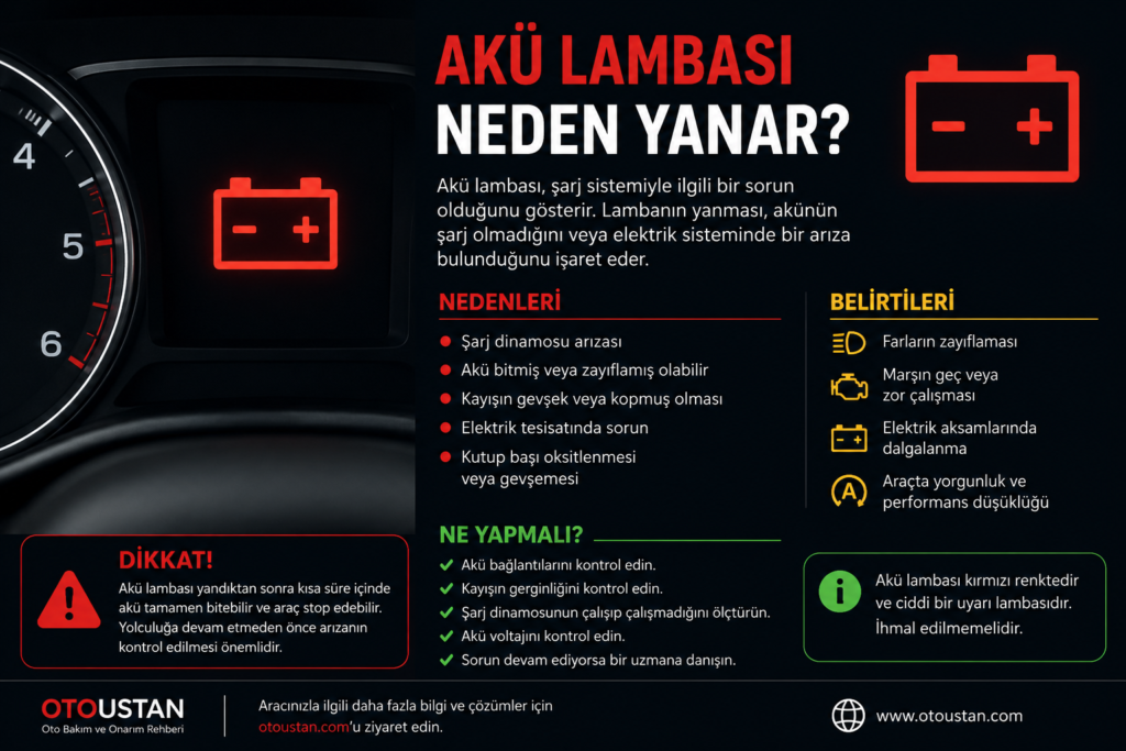 Akü lambası neden yanar, şarj dinamosu arızası, zayıf akü, kayış sorunu ve elektrik sistemi belirtilerini anlatan Otoustan.com bilgilendirme görseli