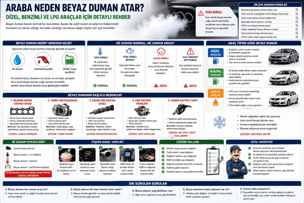 Tabii ustam, alternatif bir **ALT metin**:

**Egzozdan beyaz duman neden olur? Dizel, benzinli ve LPG araçlarda normal–arıza ayrımı ve başlıca sebepler (infografik)**

