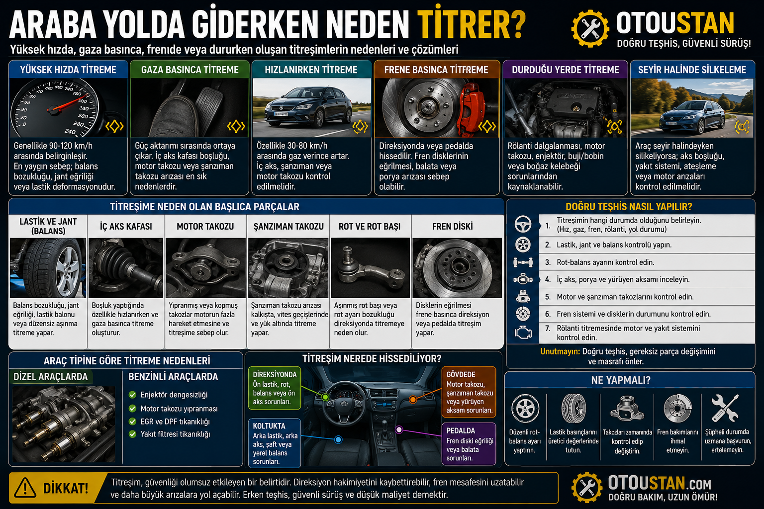 Araba yolda giderken titriyor: balans, lastik-jant, iç aks, takoz ve fren kaynaklı titreşim nedenleri