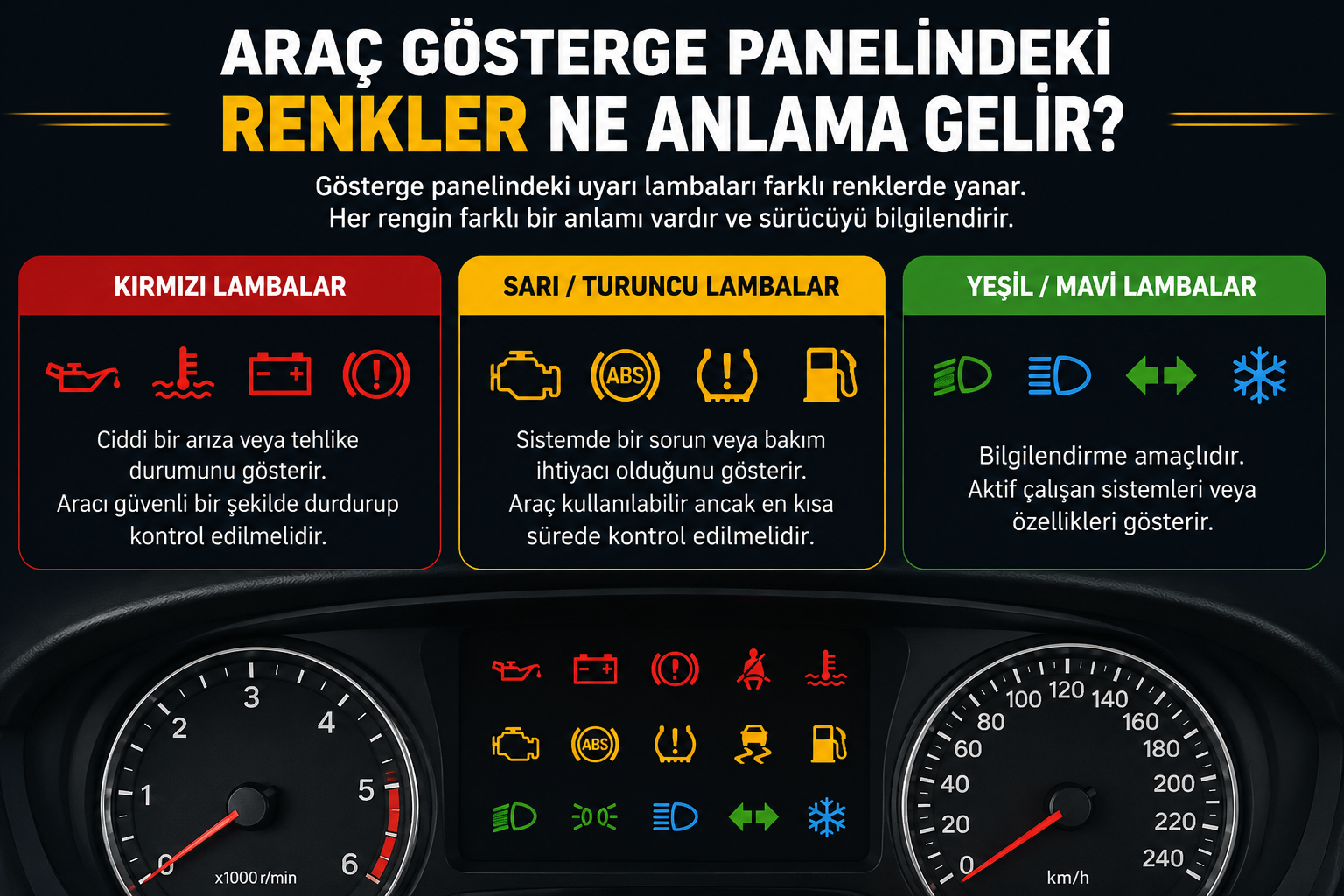 Araç gösterge panelindeki kırmızı, sarı ve yeşil uyarı lambalarının anlamlarını gösteren Otoustan.com bilgilendirme görseli