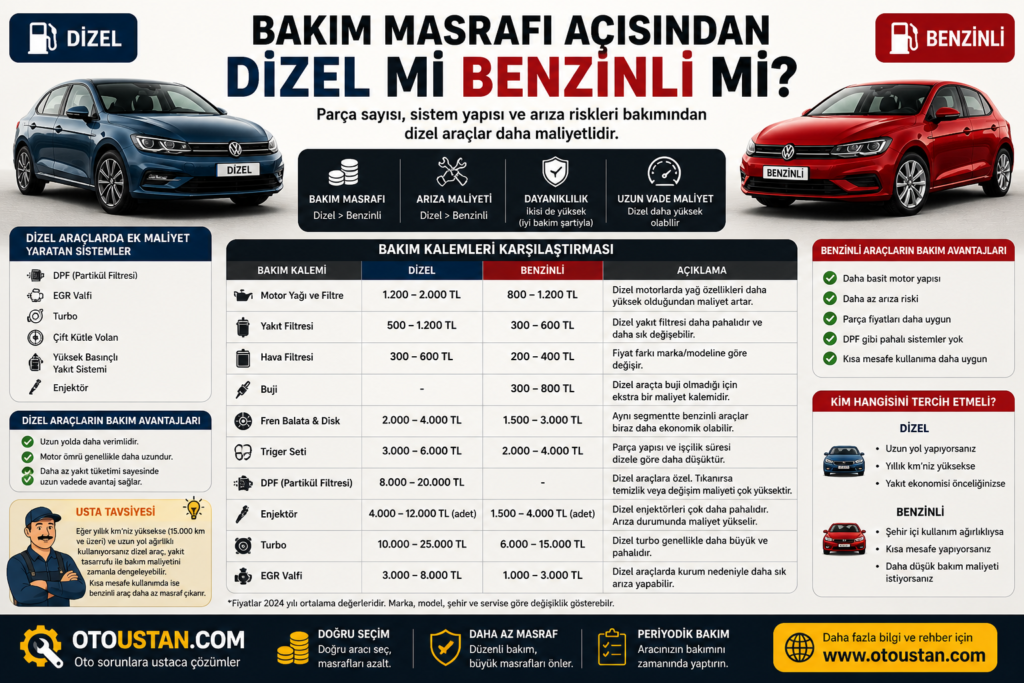 Bakım masrafı açısından dizel mi benzinli mi? Parça ve arıza maliyetleri karşılaştırması (infografik)