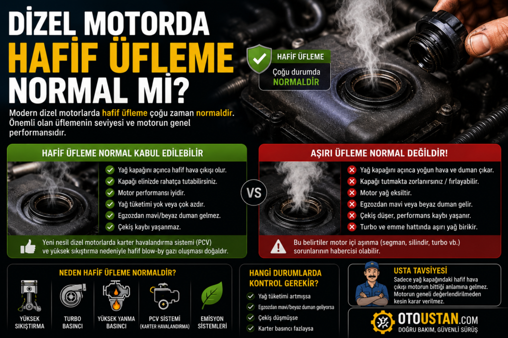 Dizel motorda hafif üfleme normal mi, yağ kapağından hafif hava çıkması, normal ve aşırı üfleme farkları, karter havalandırma sistemi ve motor aşınması belirtileri görsel anlatım.
