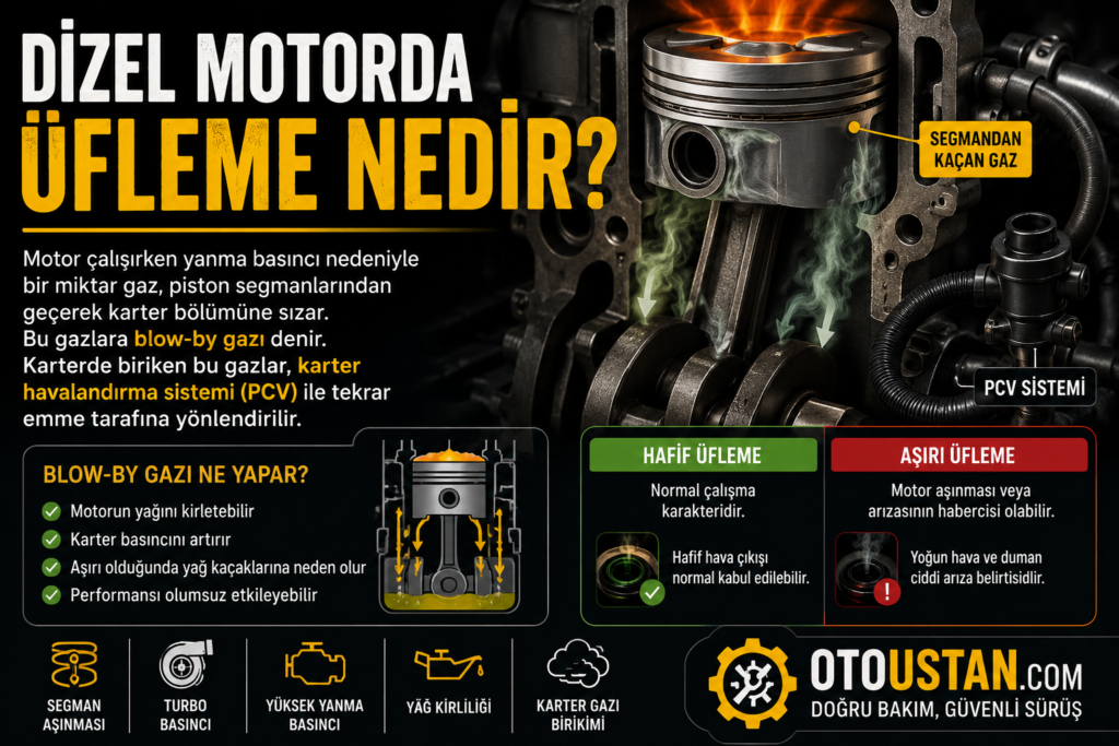 Dizel motorda üfleme nedir, blow-by gazı, segmandan kaçan basınç, karter havalandırma sistemi ve normal ile aşırı üfleme farkları görsel anlatım.