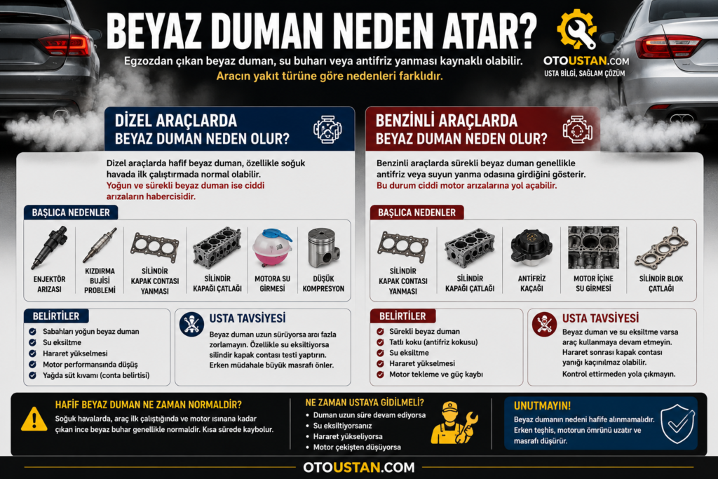 Beyaz duman neden atar, dizel ve benzinli araçlarda beyaz egzoz dumanı sebepleri, silindir kapak contası, enjektör, kızdırma bujisi, antifriz kaçağı ve su eksiltme arızaları görsel anlatım.
