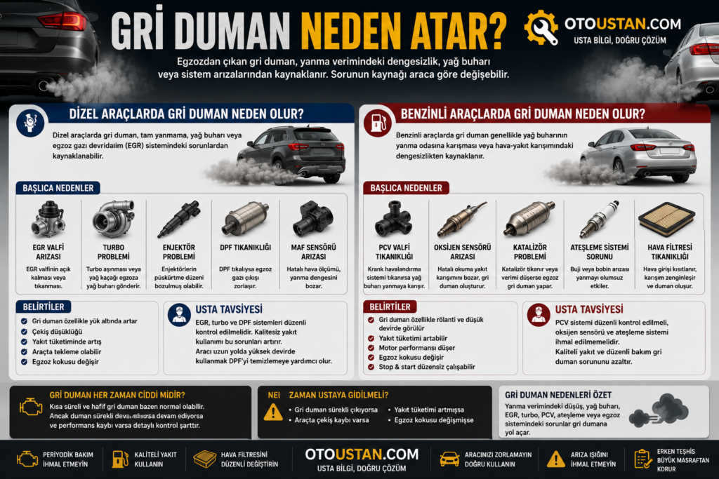 Gri duman neden atar, dizel ve benzinli araçlarda gri egzoz dumanı sebepleri, EGR, DPF, turbo, PCV valfi, oksijen sensörü ve hava-yakıt karışım arızaları görsel anlatım.
