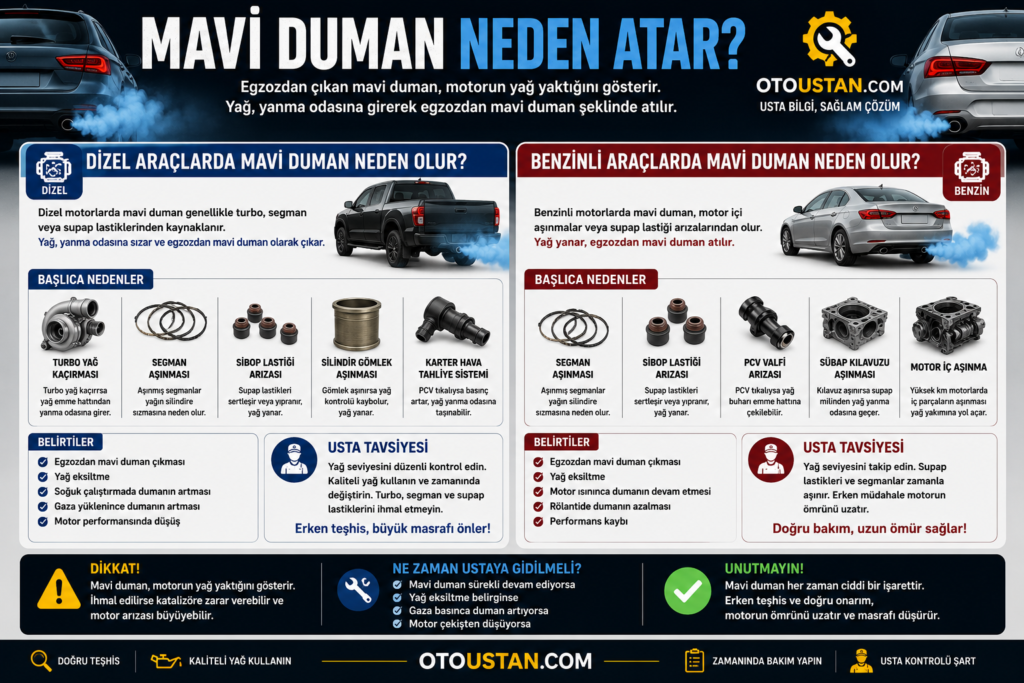 Mavi duman neden atar, dizel ve benzinli araçlarda mavi egzoz dumanı sebepleri, turbo yağ kaçırması, segman aşınması, sibop lastiği arızası ve motor yağ yakma problemleri görsel anlatım.
