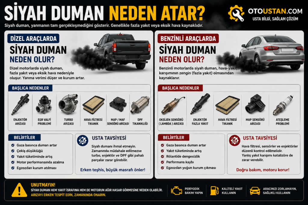 Siyah duman neden atar, dizel ve benzinli araçlarda siyah egzoz dumanı sebepleri, enjektör, EGR, turbo, hava filtresi ve sensör arızaları görsel anlatım.
