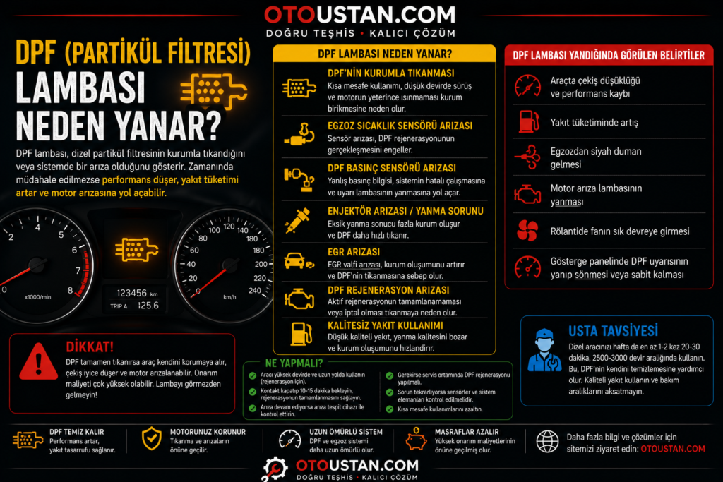 DPF partikül filtresi lambası neden yanar, kurum tıkanıklığı, EGR arızası, rejenerasyon sorunu ve çekiş düşüklüğü belirtilerini anlatan Otoustan.com görseli