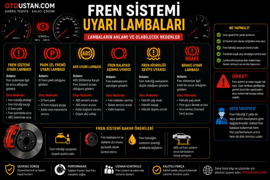 Fren sistemi uyarı lambaları, ABS, el freni, fren hidroliği ve balata aşınma uyarı işaretlerini anlatan Otoustan.com bilgilendirme görseli