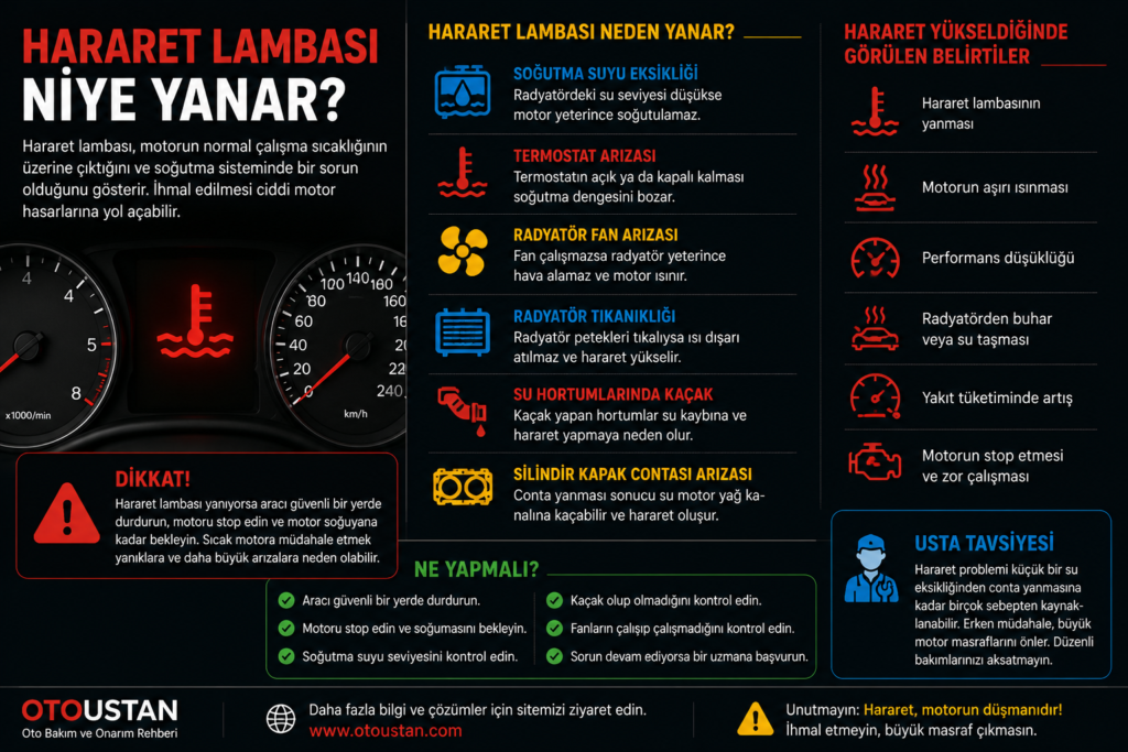 Hararet lambası neden yanar, soğutma suyu eksikliği, termostat arızası, radyatör fan sorunu ve motor harareti belirtilerini anlatan Otoustan.com görseli
