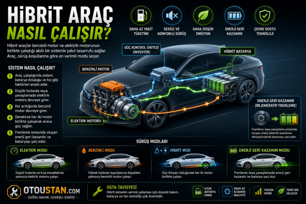 Hibrit araç nasıl çalışır, benzinli motor ve elektrik motorunun birlikte çalışma sistemi, hibrit batarya, inverter, rejeneratif frenleme ve enerji geri kazanımı görsel anlatım.