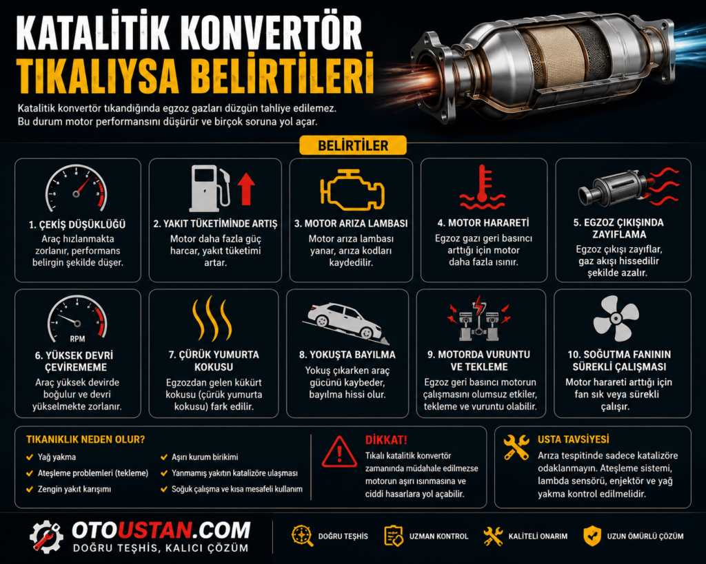 Katalitik konvertör tıkalıysa görülen çekiş düşüklüğü, yakıt artışı, motor harareti ve egzoz sorunlarını anlatan Otoustan.com bilgilendirme görseli

