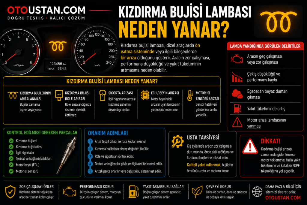 Kızdırma bujisi lambası neden yanar, dizel araçlarda ön ısıtma sistemi arızası, röle, sigorta ve kızdırma bujisi sorunlarını anlatan Otoustan.com görseli
