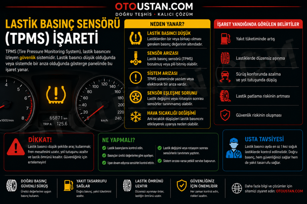 Lastik basınç sensörü TPMS işareti neden yanar, düşük lastik basıncı, sensör arızası ve güvenli sürüş uyarılarını anlatan Otoustan.com görseli