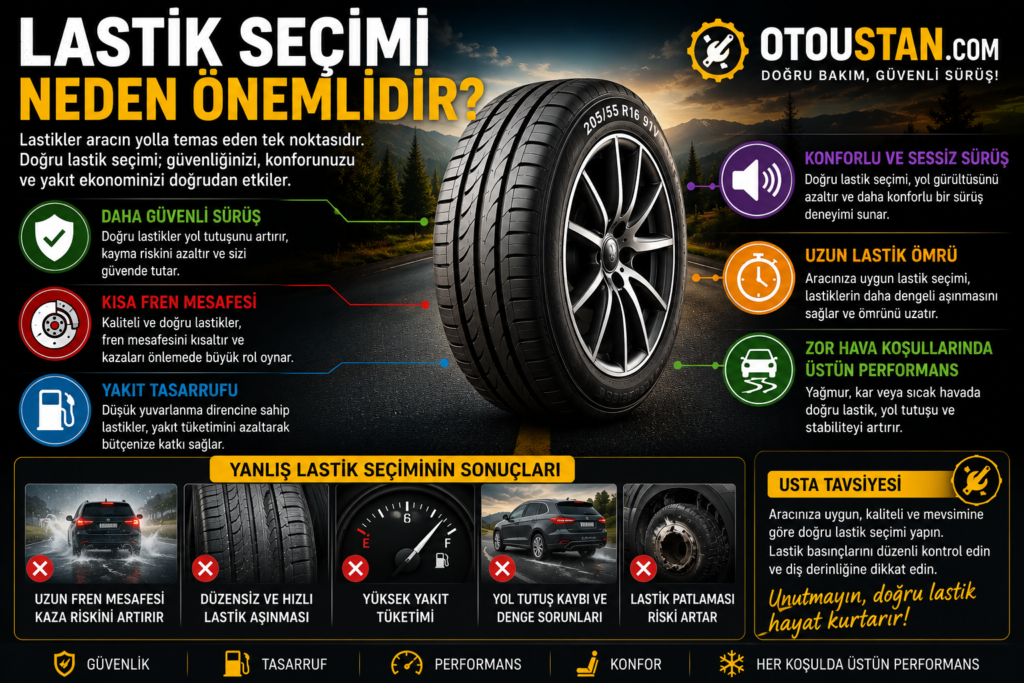 Lastik seçimi neden önemlidir, doğru lastik seçimi, güvenli sürüş, kısa fren mesafesi, yakıt tasarrufu ve yanlış lastik kullanımının zararları görsel anlatım.