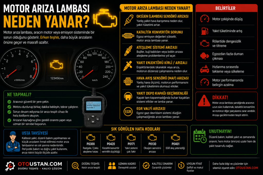Motor arıza lambası neden yanar, oksijen sensörü, EGR valfi, katalitik konvertör ve ateşleme sistemi arızalarını anlatan Otoustan.com görseli