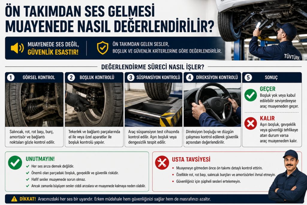 Ön takımdan gelen sesler muayenede nasıl değerlendirilir, rot başı, salıncak, amortisör ve aks kontrol süreci görsel anlatım.