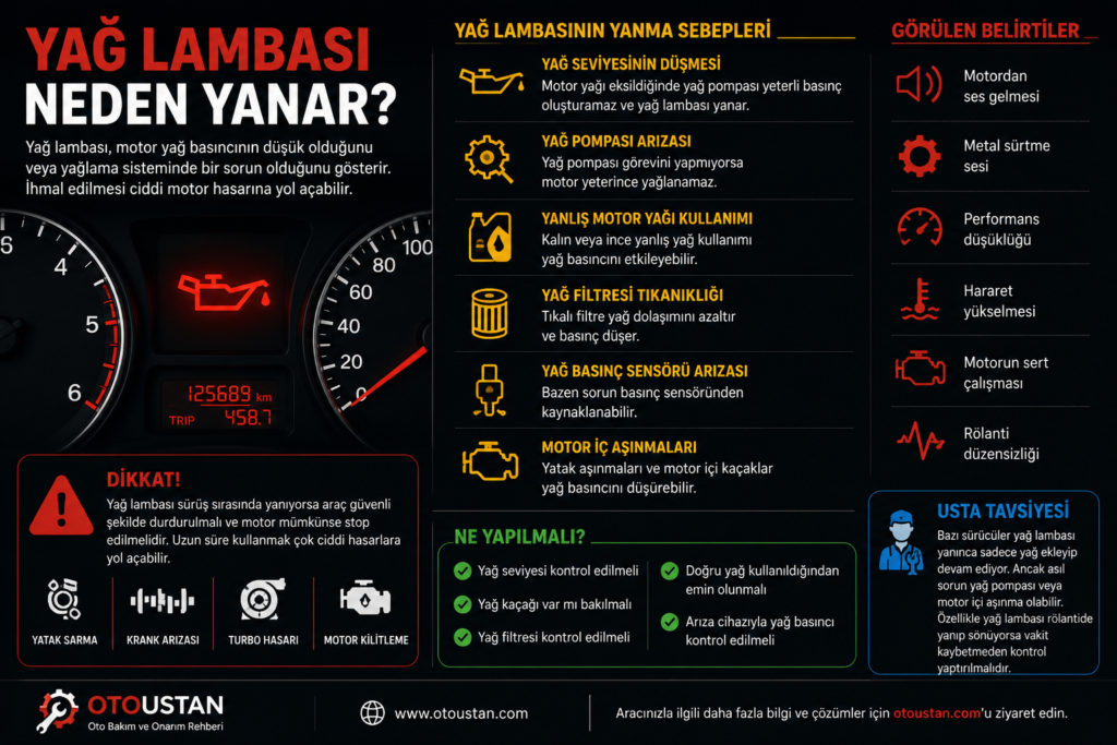 Yağ lambası neden yanar, düşük yağ basıncı, yağ pompası arızası, yağ eksikliği ve motor hasarı risklerini anlatan Otoustan.com bilgilendirme görseli