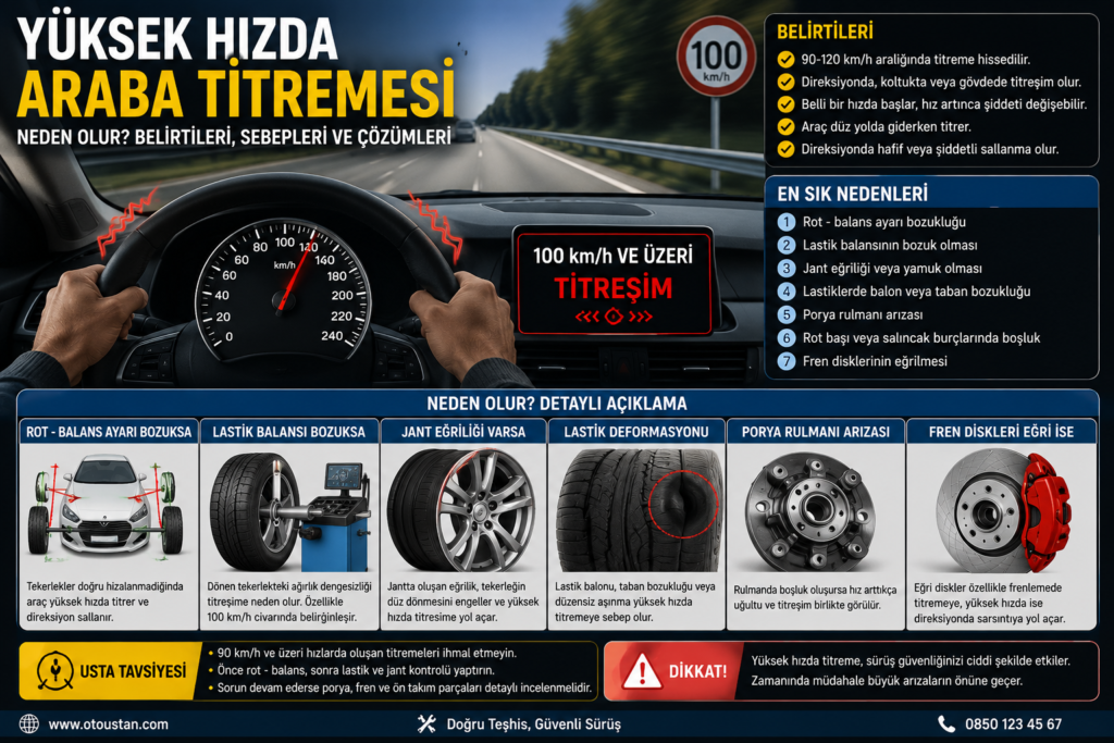 Araba yolda giderken neden 
titrer infografik görseli, direksiyon titremesi, balans bozukluğu, jant eğriliği, lastik deformasyonu ve fren diski problemleri anlatımı.